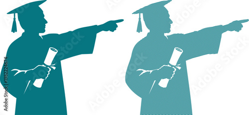 Two graduation silhouettes pointing holding diplomas in teal caps
