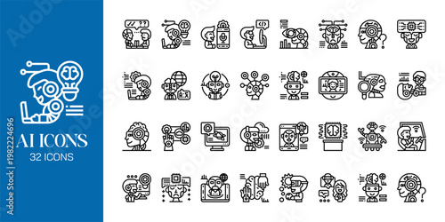 Artificial Intelligence Icon Set with AI Brain, Machine Learning, Robot, Data Network and Futuristic Technology Vector Collection