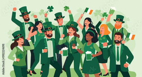 Diverse friends in green costumes celebrate Saint Patrick's Day with green beer