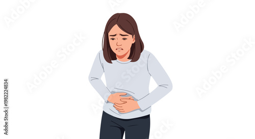 An illustration of a young woman holding her belly due to severe abdominal pains
