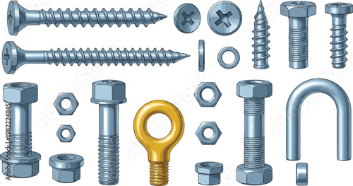 Set of metal screws bolts nuts and fasteners, industrial hardware components collection, construction tools and equipment vector illustration