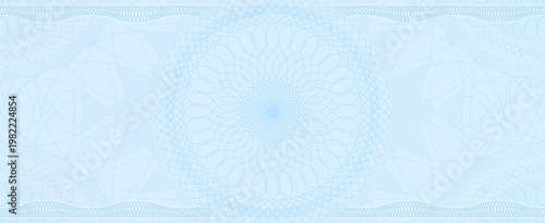 Checkbook cheque voucher and money guilloche pattern security watermark, vector grid texture background. Blue guilloche texture with concentric rosettes and thin curved filigree lines