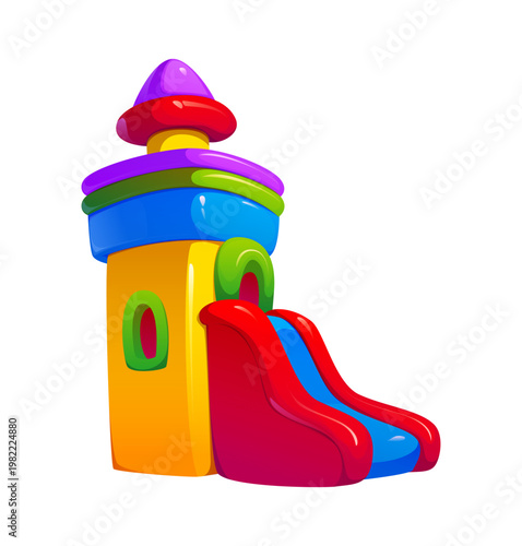 Trampoline park vector bouncy house castle with red and blue inflatable slide, tall yellow tower and round roof, green arch window. Vector amusement park inflatable bouncy castle for kids party event
