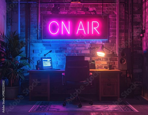 Neon lit podcast studio with ON AIR sign and industrial brick wall
