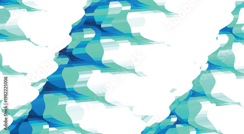 Abstract light blue geometric wavy background featuring glitch effect and translucent fluid ribbon shapes for modern corporate presentation and clean web layout vector illustration