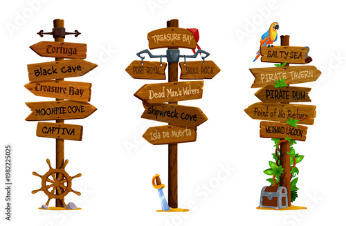 Cartoon wooden pirate and corsair signboards, medieval signages with vector treasure chest, sea ship wheel, sword and parrot. Pirate adventure game UI assets set of old wood plank arrow signboards