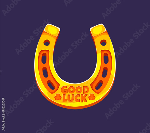 Golden lucky horseshoe, cartoon vector shiny festive lucky charm. Happy St Patrick's day gold horse shoe with good luck lettering and clover symbols. Irish sign of tradition, fortune and celebration