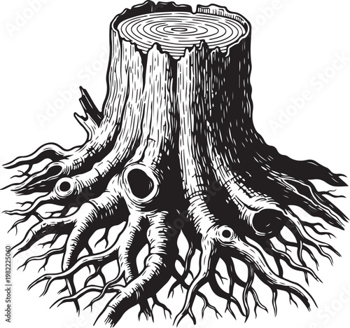 Ancient tree stump showcasing intricate root system beneath the soil surface vector illustration