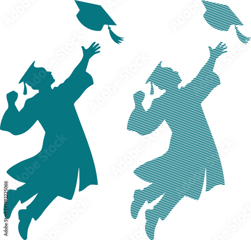 Teal graduation caps tossed by silhouetted students in midair silhouettes