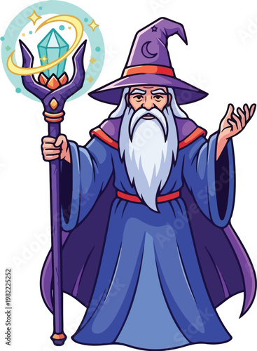 Elder wizard casting a magical spell with glowing staff and orb of light vector illustration
