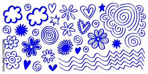 Collection of blue hand drawn doodles including flowers hearts and stars