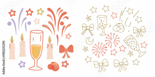 Celebratory doodles featuring fireworks champagne candles and festive decorations