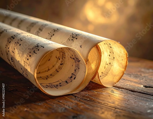 Rolled vintage sheet music on rustic wooden table with warm golden light
