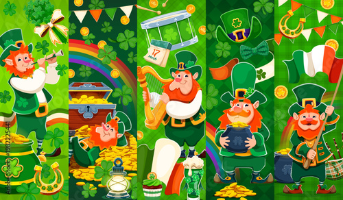 Happy Saint Patrick's day funny leprechaun characters collage, vector banners for Irish holiday. St Patrick leprechauns with golden coins pot or Ireland flag and harp with rainbow and shamrock clovers