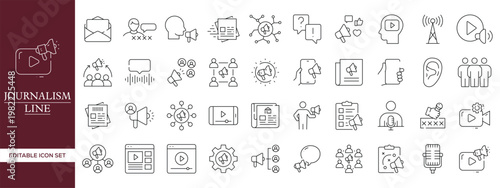 Journalism and Media Line Icon Set with News Reporting, Broadcasting, Communication, Press, Interview, Social Media and Digital News Editable Vector Outline Symbols