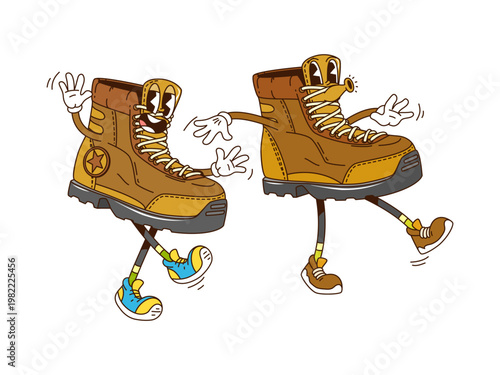 Cartoon groovy hiking shoes funky characters with funny faces, vector travel or camping objects. Groovy hiking boot characters whistling with silly smile and Hi gesture walking in hipster shoes