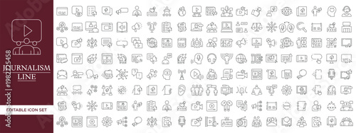 Journalism and Media Line Icon Set with News Reporting, Broadcasting, Communication, Press, Interview, Social Media and Digital News Editable Vector Outline Symbols