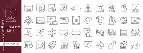 Journalism and Media Line Icon Set with News Reporting, Broadcasting, Communication, Press, Interview, Social Media and Digital News Editable Vector Outline Symbols