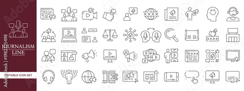 Journalism and Media Line Icon Set with News Reporting, Broadcasting, Communication, Press, Interview, Social Media and Digital News Editable Vector Outline Symbols