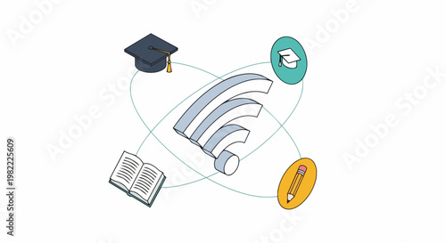 Isometric Online Education and E-learning Concept Illustration with Wi-Fi Signal and Study Icons