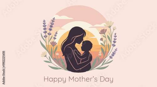 A silhouette of a mother holding her baby against a soft pastel sunset, surrounded by flowers and lavender, celebrating Mother's Day.