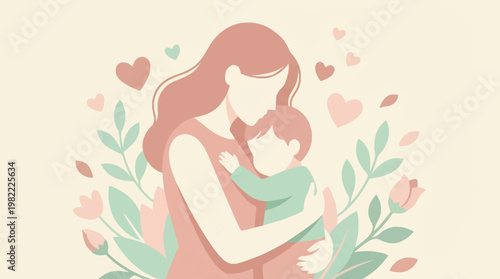 A mother tenderly embraces her child, surrounded by soft pastel flowers and hearts, symbolizing love and family.
