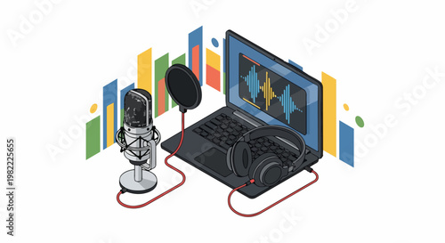 Isometric Podcast Recording Equipment Illustration with Microphone, Headphones, and Laptop for Audio Content Creation and Radio Broadcasting