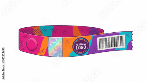 Colorful festival wristband with a holographic patch and barcode for event access.