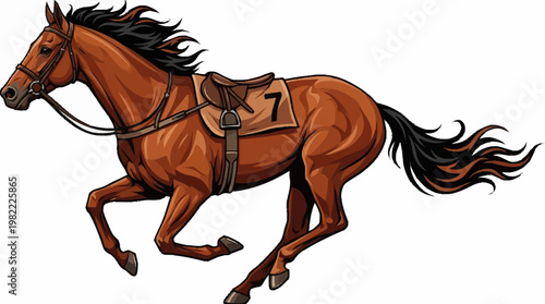 A brown racehorse with a saddle and the number 7 on its flank gallops forward.