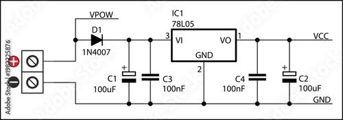 Schematic diagram of electronic device on sheet of paper.
Vector drawing electrical circuit with 
integrated circuit, connector,
capacitor, resistor, diode, other components.