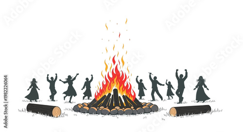 Silhouettes of people dancing around a vibrant bonfire in a joyful celebration.
