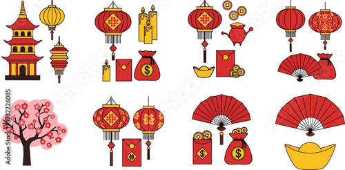 Chinese New Year Festival Vector Set with Lanterns, Pagoda, Money Bags, Red Envelopes, Fans, and Plum Blossom for Celebration Design