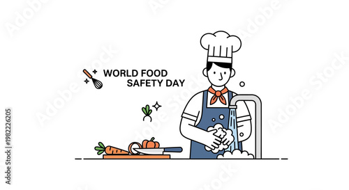 Chef washing hands for World Food Safety Day with fresh vegetables nearby.