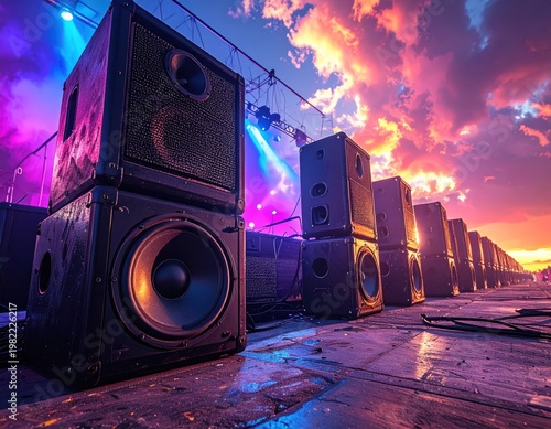 Professional Sound System on Outdoor Stage at Sunset