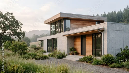 Obraz Modern luxury home with concrete and wood exterior in a foggy rural landscape