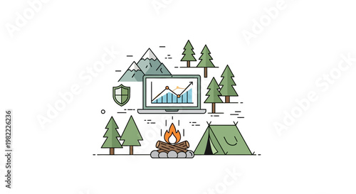 Digital nomad lifestyle illustration with laptop showing data charts while camping in nature.