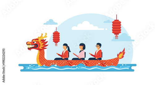 Dragon Boat Festival Celebration with Paddlers and Traditional Lanterns
