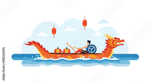 Dragon boat race with a rower and traditional lanterns