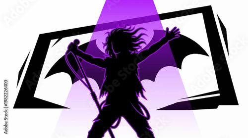 Silhouette of a rockstar with devil wings performing on stage under a purple spotlight.