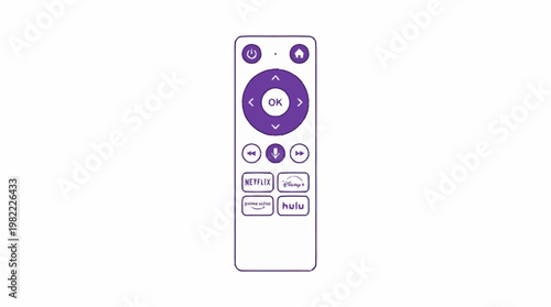 A purple and white remote control with navigation buttons and shortcut keys for streaming services.