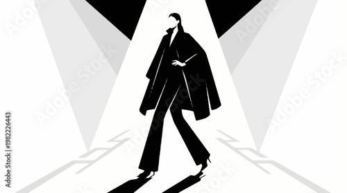 A stylized illustration of a woman in a black cape and pants walking down a runway with spotlights.