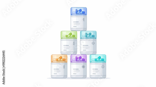 A pyramid arrangement of seven colorful vitamin supplement bottles with translucent lids, showcasing a variety of colors.