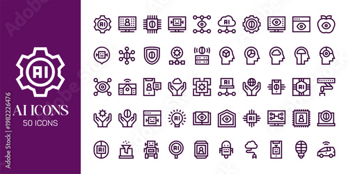 Artificial Intelligence Icon Set with AI Brain, Machine Learning, Robot, Data Network and Futuristic Technology Vector Collection