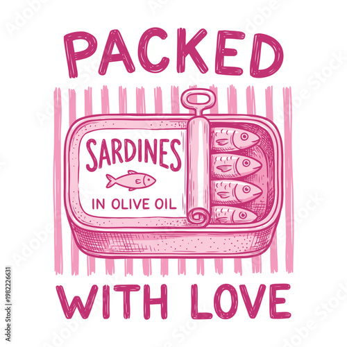 Hand-drawn sardine can labeled "packed with love" canned fish food packaging