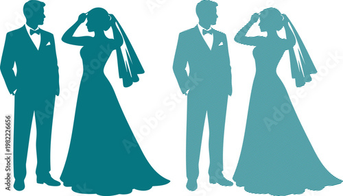 Teal silhouettes of wedding couples in formal attire