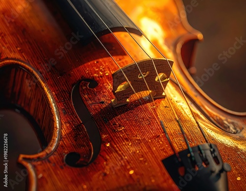Macro shot of a classical violin with illuminated strings and rich wooden texture