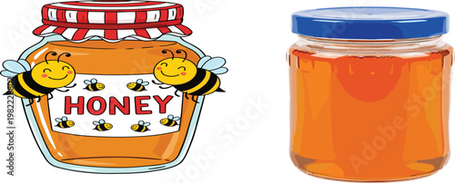 Honey Jar Icon Set with Cute Bees and Glass Honey Bottles in Vector Style