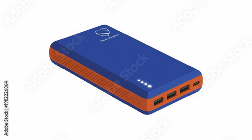 A blue and orange portable power bank with multiple USB ports and LED indicators, isolated on a white background.