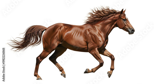 A brown horse with a black mane and tail is running