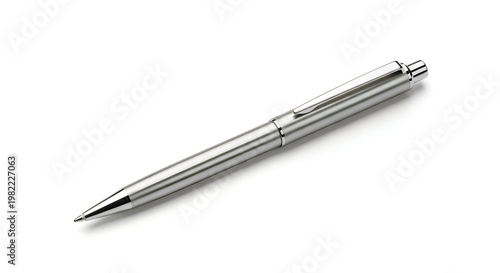 A silver pen on a white background